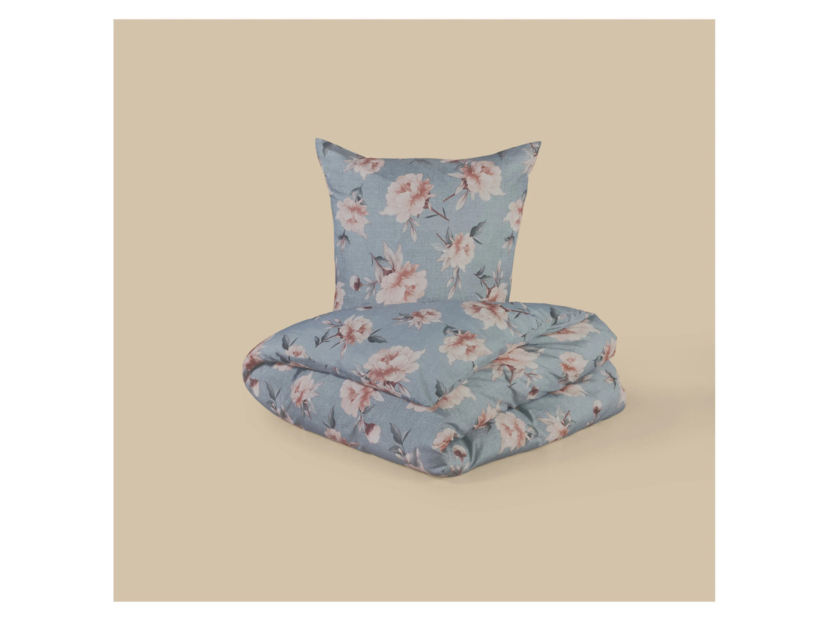 LIVARNO Renforcé-Bettwäsche mit Blumenmuster in Blau, Set bestehend aus 1x Bettdeckenbezug (155 x 220 cm) und 1x Kopfkissenbezug (80 x 80 cm) - Bild 2