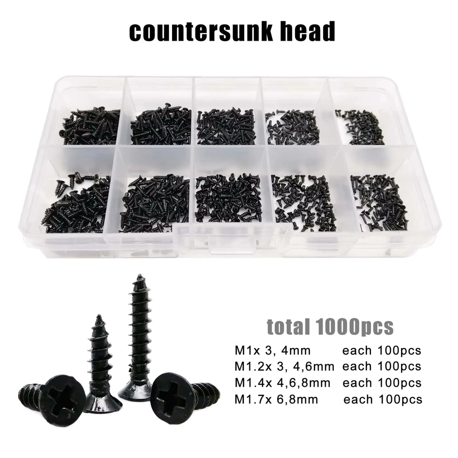 HZYUEGOU Mini Micro Tapping Holzschrauben-Set aus schwarzem Stahl, 1000 Stück für Spielzeugautos, Elektronik und Brillen, Größen M1 bis M1,7 - Bild 1