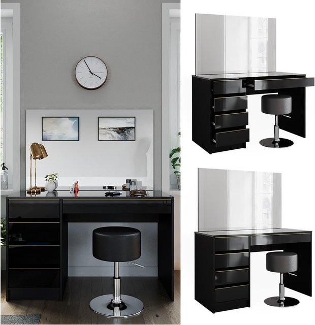 Vicco Schminktisch Sherry Set in Schwarz Hochglanz und Gold mit Spiegel, Hocker und 5 Schubladen, B: 120 cm, T: 75 cm, H: 75 cm - Bild 1