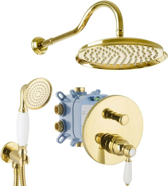 PaulGurkes Duschsystem Unterputz in Gold im Nostalgie Retro Landhausstil mit Einhandmischer, Handbrause und Kopfbrause, Durchmesser: 25 cm - Bild 1