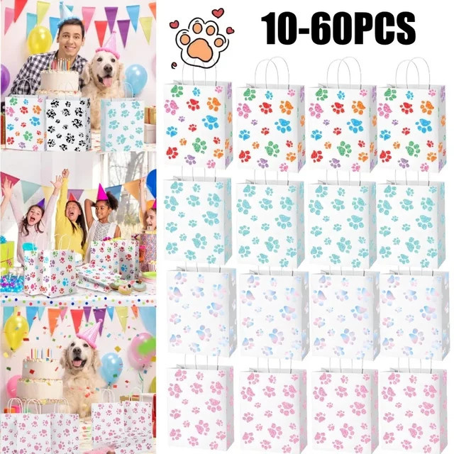 Trebalena Umweltfreundliche Kraftpapier Geschenktüte mit Tier Pfotenabdruck Cartoon Design in Weiß - Bild 1