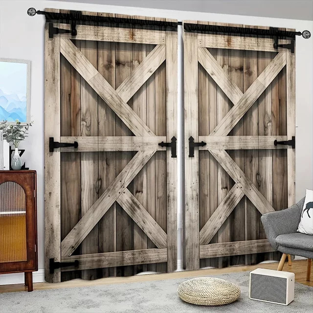 2er-Set VOZMIO Vorhänge mit Holztür-Print in Braun für Wohnzimmer, Schlafzimmer und Büro, Rod Pocket Design - Bild 1