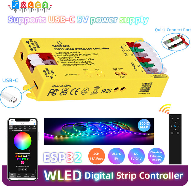 DOMRAEM ESP32 WLED USB-C adressierbarer LED-Controller für WS2811/14/05 DIY-Projekte mit MQTT und Alexa Smart Home Steuerung, Gelb - Bild 1