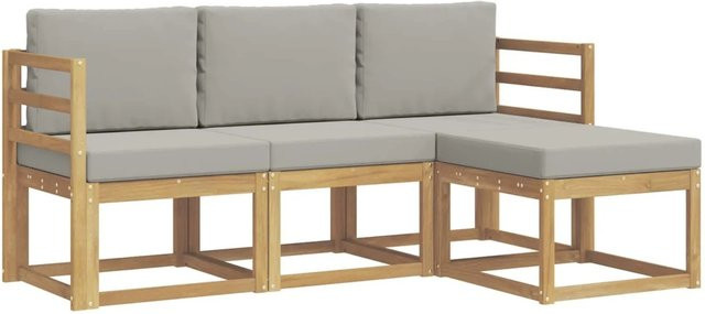 vidaXL Outdoor-Sofagarnitur 4-teilig aus Akazienholz mit Polsterkissen in Weiß und Hellgrau - Bild 1
