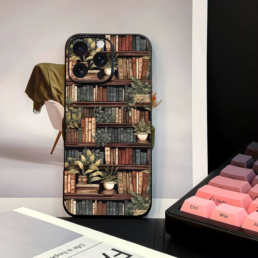 Apple iPhone 11-16 Handyhülle Vintage Bücherregal und Kätzchen Design in Schwarz und Multicolour aus Frosted TPU mit UV-Lackierung - Bild 3