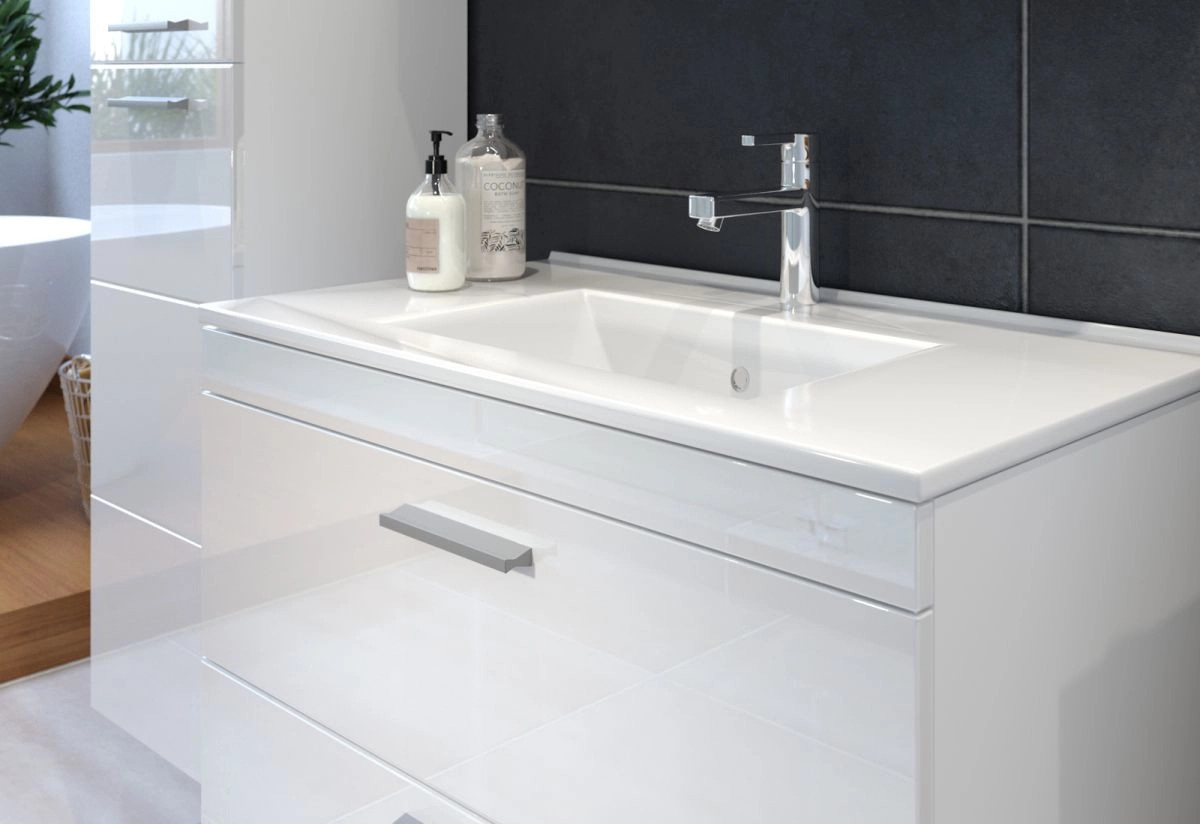Badmöbel Set Aura von TOP.FURN in Weiß Hochglanz mit Spiegelschrank und Waschtischunterschrank, Breite: 80 cm, Höhe: 190 cm, Tiefe: 47 cm - Bild 2