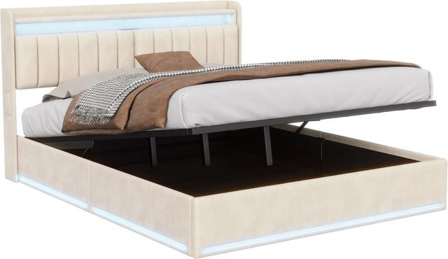 PXloue Polsterbett Beige mit Stauraum, USB-Ladeport und Nachttischablage, B/T/H: 160 x 200 x 45 cm - Bild 1