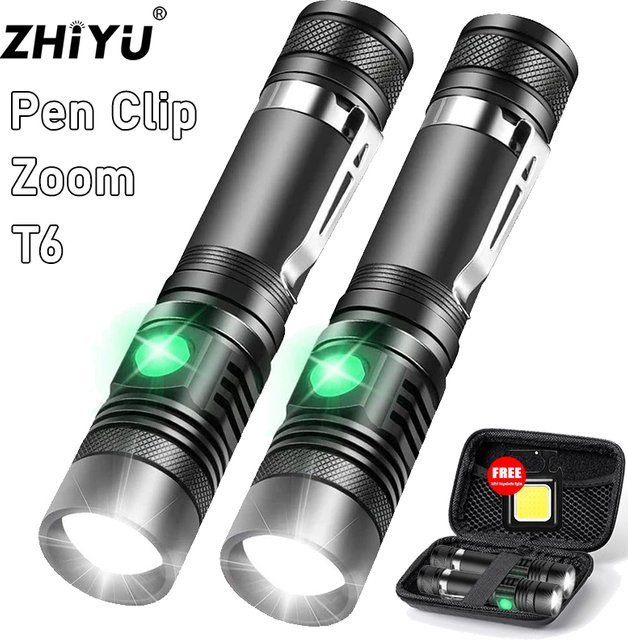 ZHIYU T6 Taschenlampe USB aufladbar mit Zoom und Clip in Schwarz - Bild 1