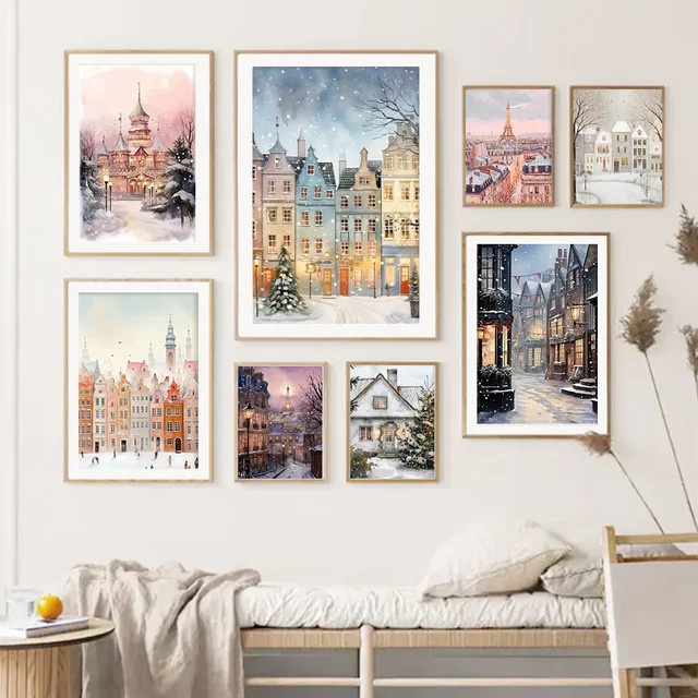 Minimalistisches Leinwandposter Potdemiel Romantischer Winter in Paris mit Schnee und Weihnachtsbaum, Mehrfarbig - Bild 1