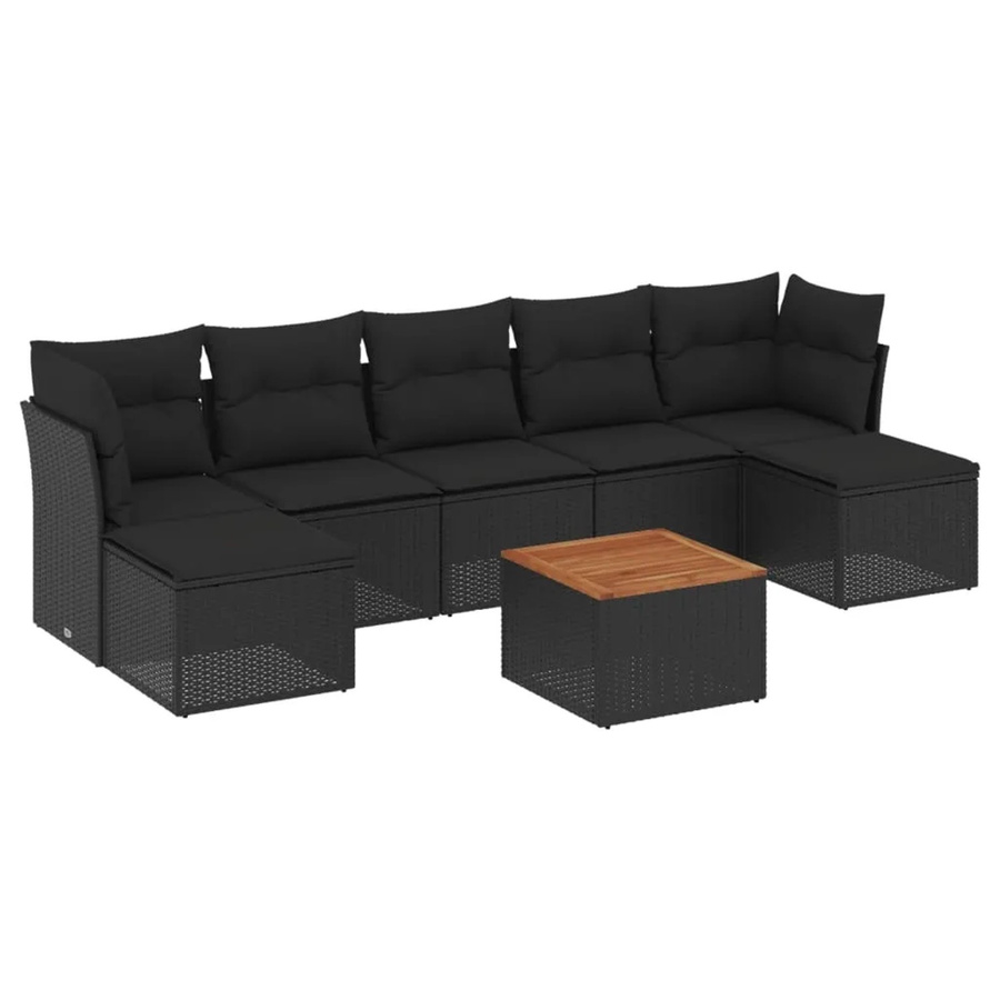 vidaXL 8-tlg Garten-Sofagarnitur L-Shape aus Polyrattan und Akazienholz mit Kissen in Schwarz - Bild 2