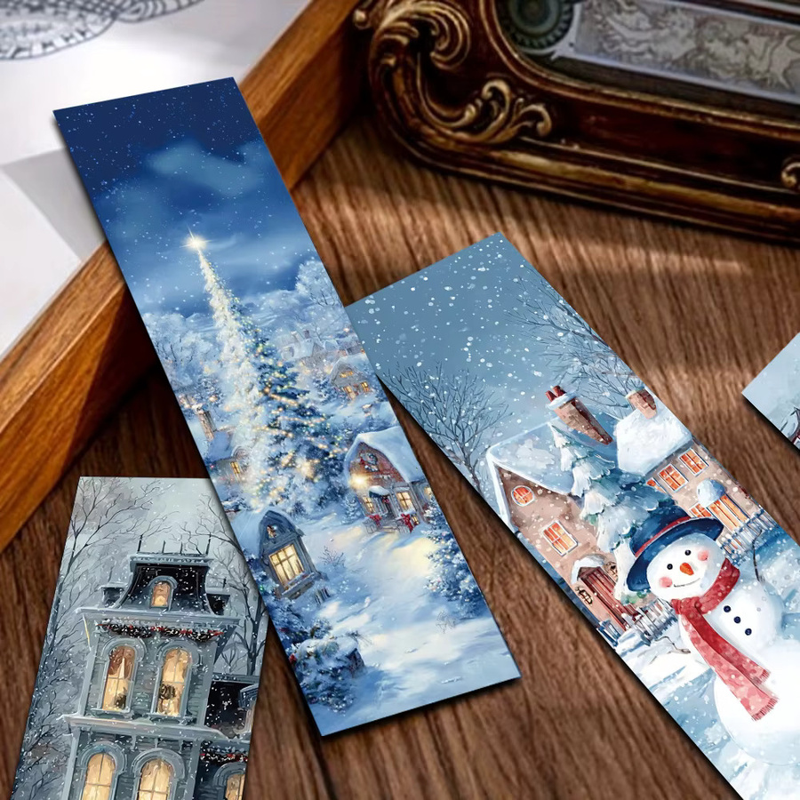 30 Stück blaue Weihnachts-Lesezeichen aus Papier mit Schloss, Schneemann, Glocke und Weihnachtsbaum als personalisierte Lesemarkierung für Erwachsene - Bild 3