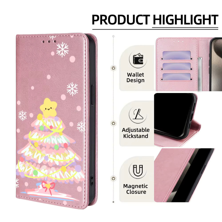 Samsung Handyhülle aus Leder mit Magnetverschluss und Weihnachtsmuster in Schwarz für Galaxy S25 Ultra S25 FE S24 S23 S22 Plus A17 A07 A56 A36 A26 Flip-Cover - Bild 3