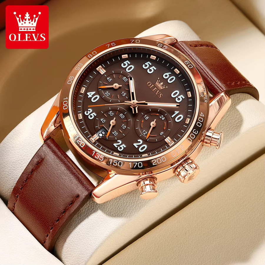 OLEVS Chronograph, Quarz, Leder, Roségold, Schwarz, Herren - Bild 2