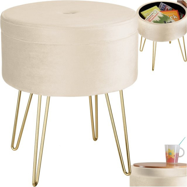 tectake Sitzhocker Ava mit Stauraum, rund, gepolstert in Samtoptik, Farbe: Creme/Beige, B/T/H: 37,5 x 37,5 x 44,5 cm - Bild 1