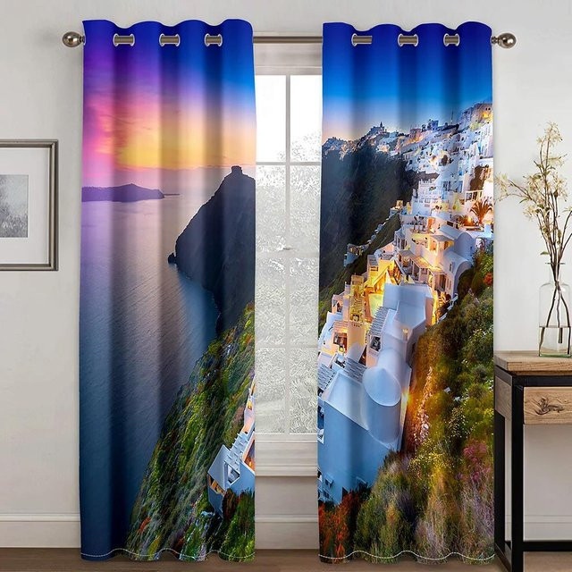 Verdunkelungsvorhang im mediterranen Urlaubsstil Ägäis Insel Santorini, Mehrfarbig, Breite: 55 cm, Höhe: 120 cm - Bild 1