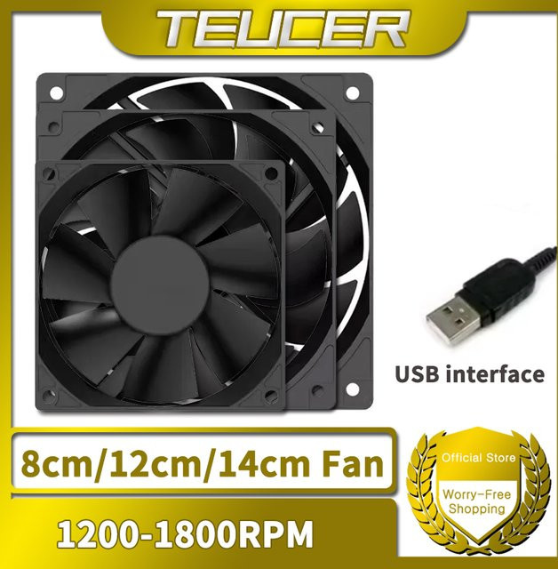 TEUCER Computer-Kühlerlüfter mit USB-A und USB-C Schnittstelle, Schwarz, 8 cm / 12 cm / 14 cm, 800–1800 U/min - Bild 1