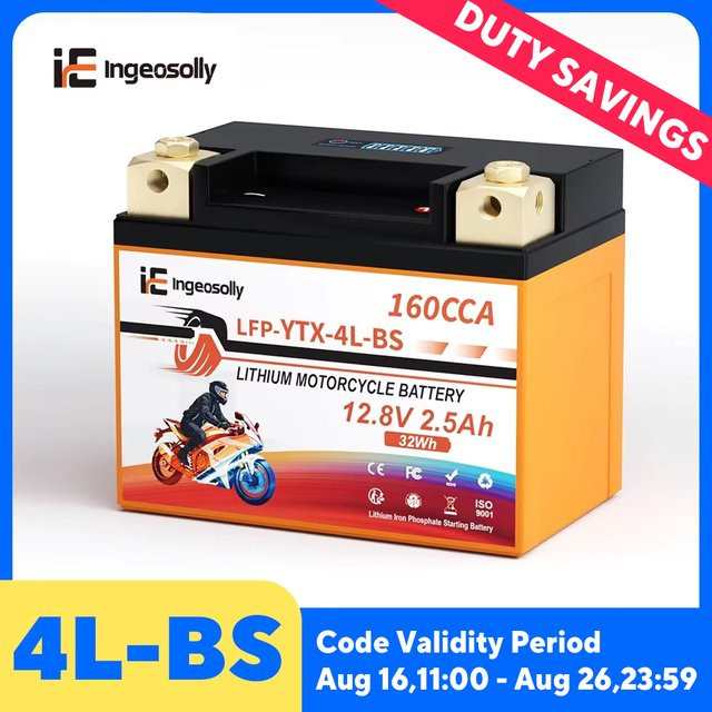 Ingeosolly 4L-BS 12V 2,5Ah LiFePO4 Motorradbatterie mit BMS und LED-Anzeige, wartungsfreie Lithium-Starterbatterie für ATV, Roller, Yamaha, Honda, Suzuki, Schneemobil, Quad und Traktor - Bild 1