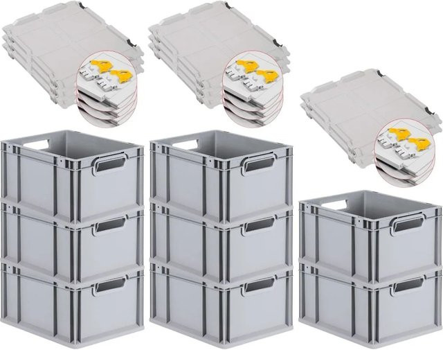 PROREGAL SuperSparSet 8x Eurobox NextGen Grip mit Scharnierdeckel und gelben Schiebeschnappverschlüssen, Grau, H x B x T: 22 x 30 x 40 cm - Bild 1