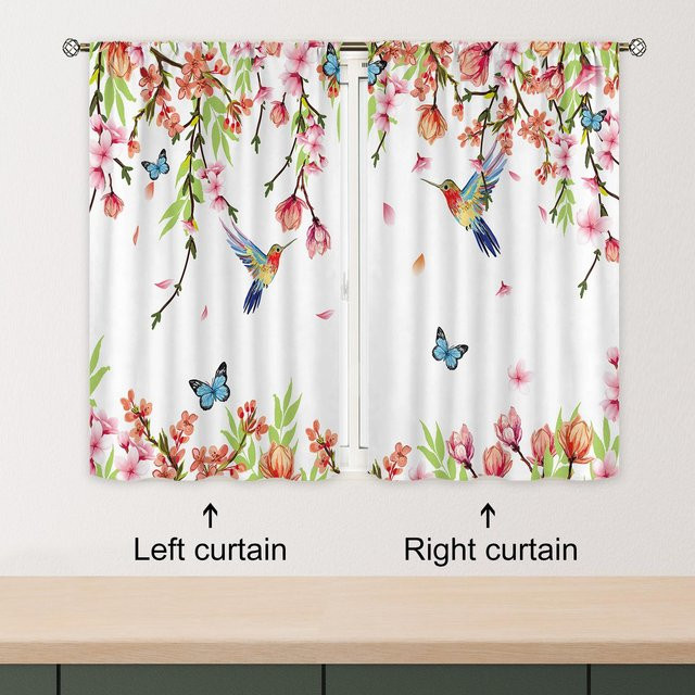 Yiran Furniture Fenstervorhänge mit Stangendurchzug Kolibri und floralem Design, 2 Stück, Mehrfarbig, B: 70 cm, H: 150 cm - Bild 1