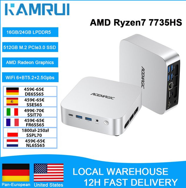 KAMRUI Mini-PC mit AMD Ryzen 7 7735HS, 24GB LPDDR5, 512GB NVMe PCIe3.0 SSD, WiFi 6 und Radeon Grafik, Silber - Bild 1
