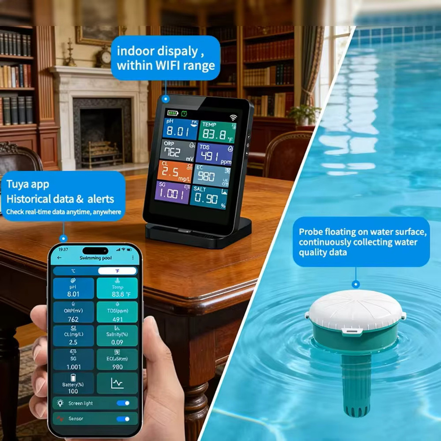 Yieryi 8-in-1 Digitaler WLAN-Wassertester für pH, Chlor, Salzgehalt und Temperatur zur Messung in Schwimmbädern und Spas - Bild 2