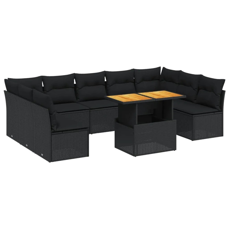 vidaXL 10-tlg. Garten-Sofagarnitur in L-Form aus Polyrattan und Akazienholz mit Kissen, Schwarz - Bild 2