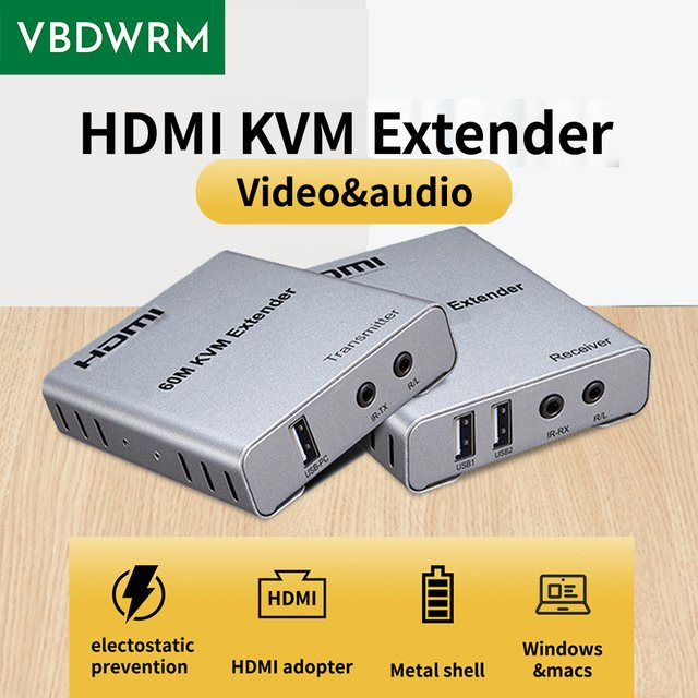 VBDWRM HDMI KVM Extender Kit in Silber für 1080P/4K Full HD über Cat5E/6 Kabel mit HDMI Loop und USB-Unterstützung - Bild 1