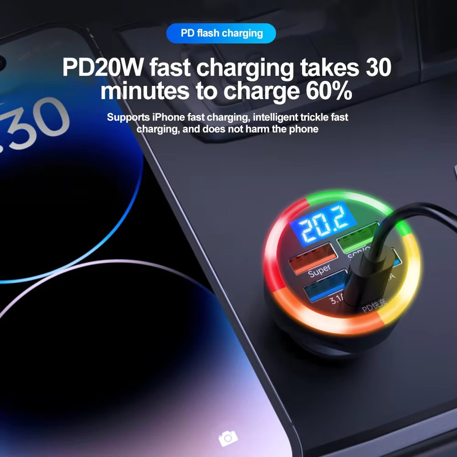 Sikeo 200W 6-in-1 Multi-Port Autoladegerät mit digitaler Fahrzeuganzeige und Superschnellladefunktion für Mobiltelefone - Bild 3