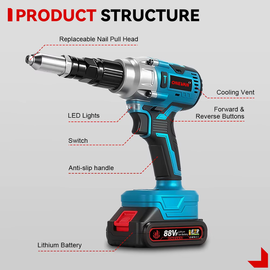 ONEVAN Bürstenlose Akku-Nietpistole 2000W in Blau, passend für Makita 18V Akkus, für Nietarbeiten von 2,4-5,0 mm - Bild 2