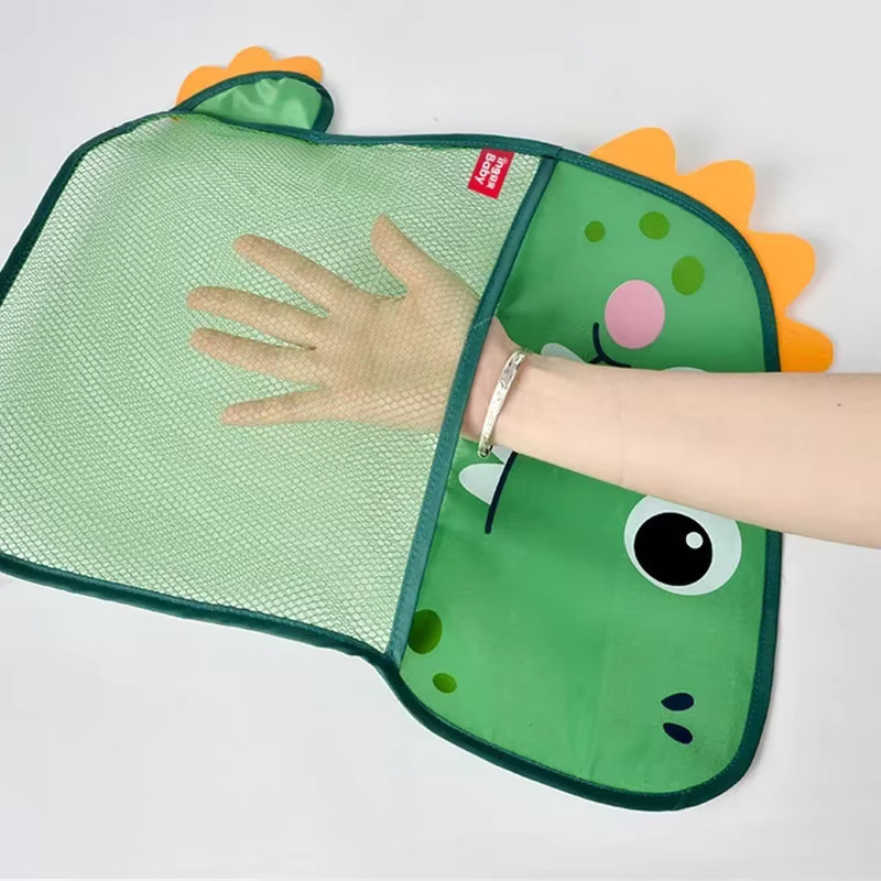 vvocci Baby-Badespielzeug-Aufbewahrungstasche in Grün mit Saugnapf und Dinosaurier- sowie Tiermotiven als hängender Netz-Korb für Wasserspielzeug - Bild 2