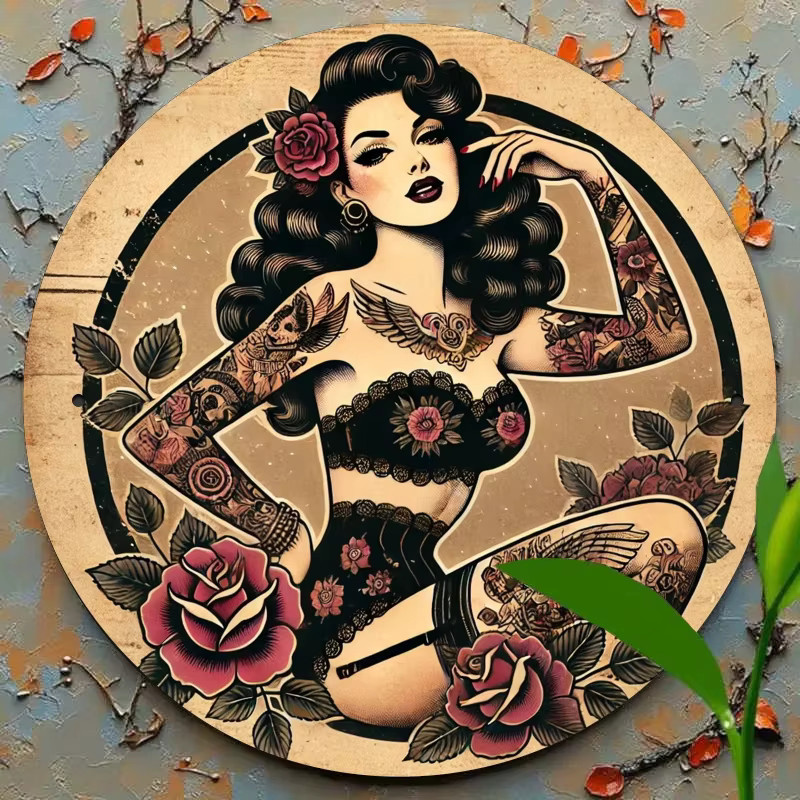 Potdemiel Vintage Rose Tattoo Metallschild in Mehrfarbig, Wandkunst aus Eisen mit floralem Design, B/H: 20,3 x 20,3 cm - Bild 4