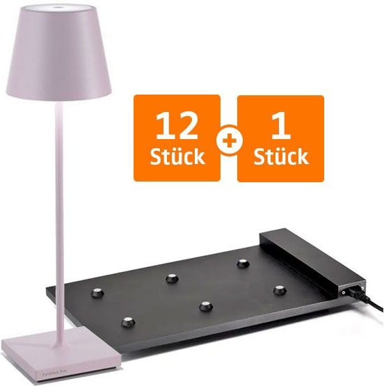 Set aus 12 Zafferano Poldina Pro LED-Akkuleuchten in Weiß mit einer Multikontakt-Ladestation in Rosa, dimmbar und wetterfest nach IP65 für Garten, Terrasse und Wohnbereich - Bild 1
