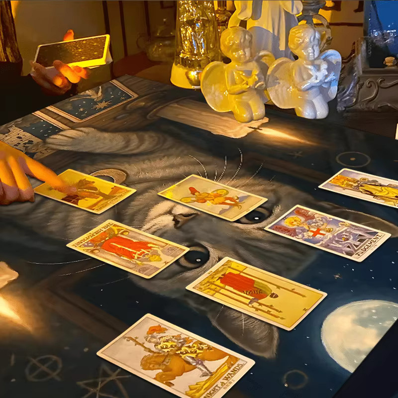 VIKAMA Tischdecke Mondschein-Wahrsagerei mit grauer Katze, Tarot, Kristall und Sternenkarte für Meditationsraum und Altar, Boho Design, rechteckig, mehrfarbig - Bild 2