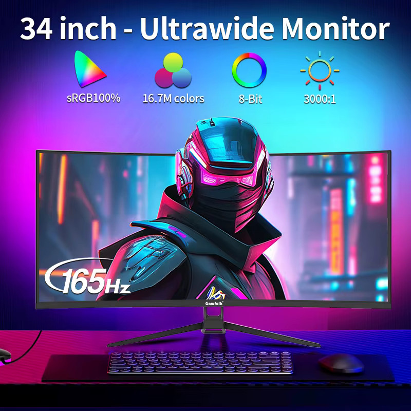 Gawfolk Curved Gaming-Monitor 34 Zoll UWQHD 3440 x 1440P, 1500R Ultra-Wide PC-Bildschirm mit 165 Hz und VA-Panel, Schwarz - Bild 3