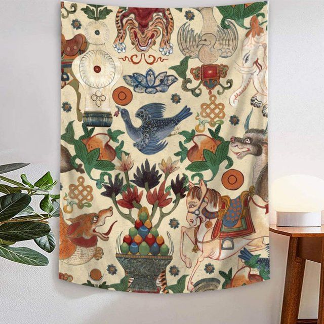 VIKAMA Vintage Wandteppich mit orientalischem Gott Vogel und Blumen Totem als Wanddekoration für Wohnzimmer und Schlafzimmer - Bild 1