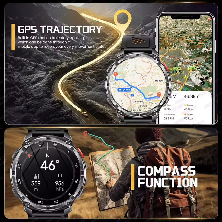 GUHUAVMI Military Outdoor Edition Smartwatch mit AMOLED Display, 1100 mAh Akku, 5ATM Wasserdichtigkeit, Bluetooth Anruffunktion und Kompass in Schwarz - Bild 3