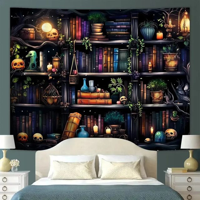 VIKAMA Wandteppich Hexen-Bücherregal im Gothic Dark Academia Stil, Mehrfarbiger Wandbehang mit okkultem Design für dein Schlafzimmer, B x H: 60 x 40 cm - Bild 1