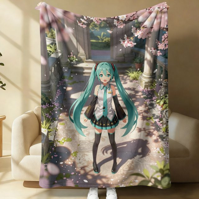 Hatsune Miku Kirschblüten-Garten Flanell-Wurfdecke in Multicolour, B/T: 100 x 70 cm - Bild 1
