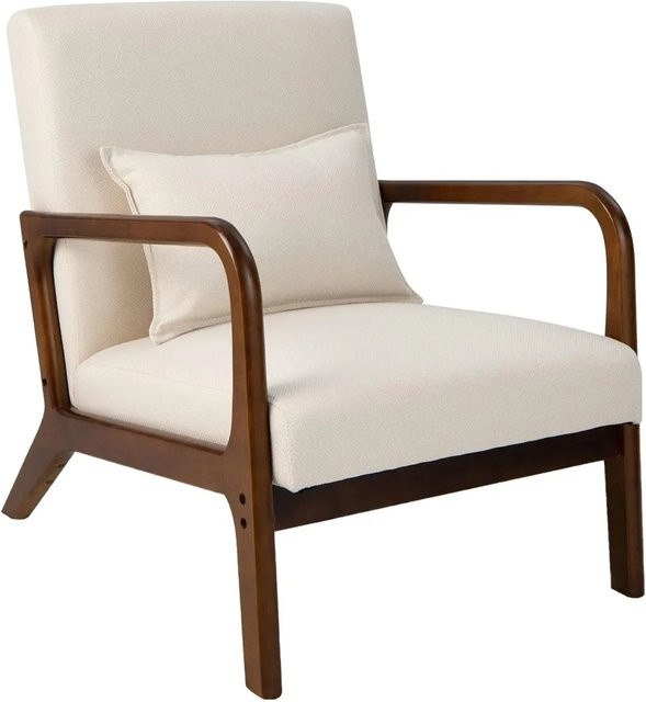 Costway Loungesessel Mid-Century im Wohnzimmer, gepolsterter Sessel aus Stoff und Gummibaumholz in Beige - Bild 1