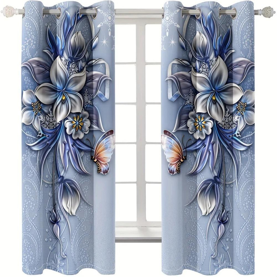 Yiran Furniture 2er-Set Vorhänge mit Retro-Blumenmuster in Blau, halbtransparent, B: 100 cm, H: 230 cm - Bild 3