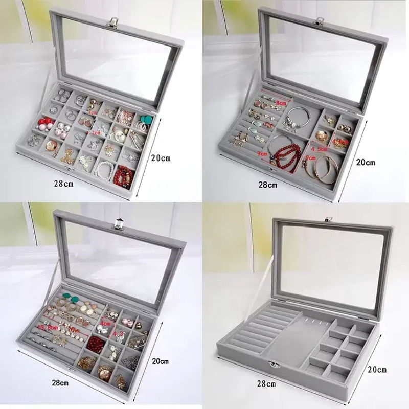 Amagi Schmuckdisplay Organizer aus Samt und Glas in Grau mit rechteckigem Tablett für Ringe und Ohrringe - Bild 4