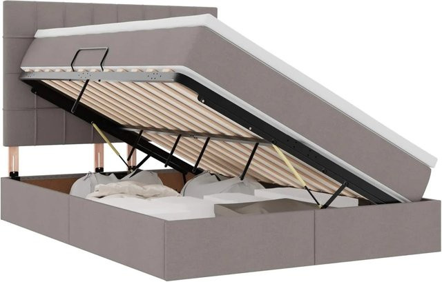 vidaXL Bett mit Kopfteil und LED-Lichtleisten in Beige, inklusive USB-Ladeport und integrierter Leselampe, B/T/H: 144 x 203 x 88 cm - Bild 1