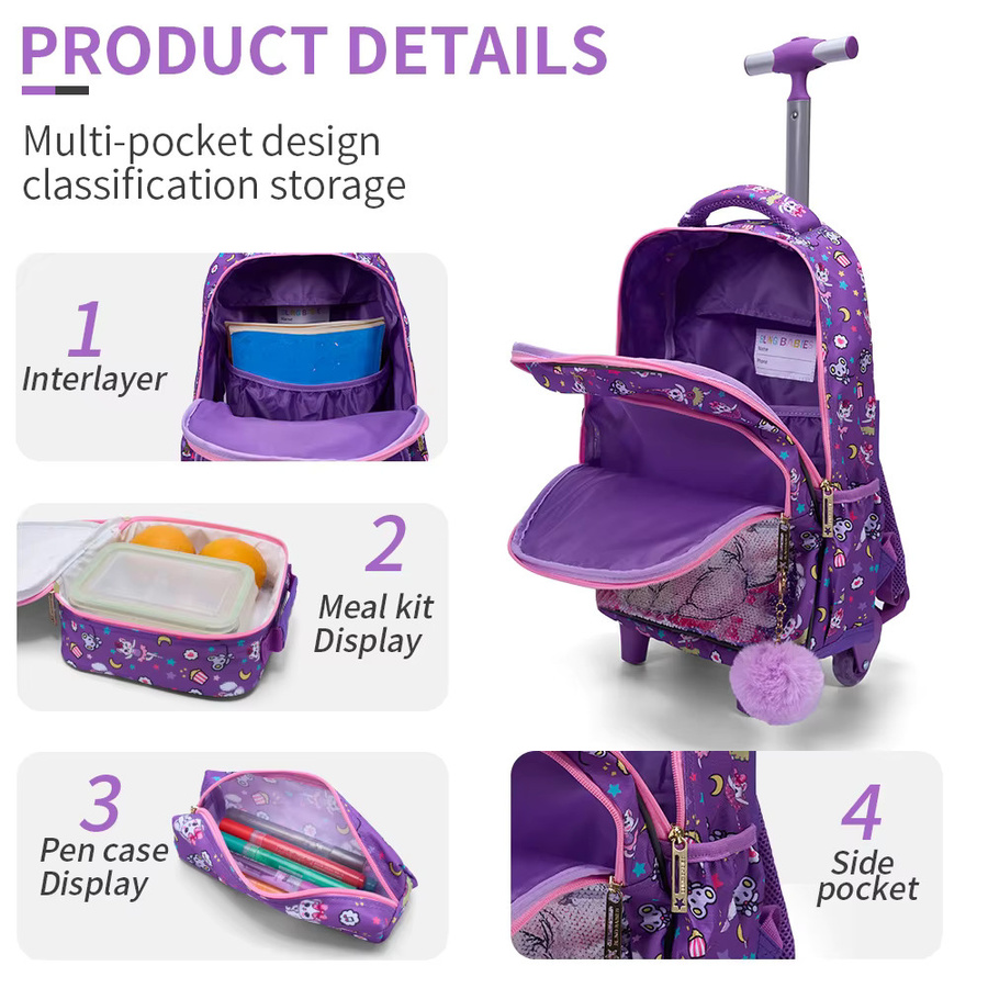 BLING BABIES 3-teiliges Rollrucksack-Set für Mädchen mit Cartoon-Kätzchen-Design und Pailletten in Lila und Rot inklusive Lunchbox und Stiftetasche - Bild 3