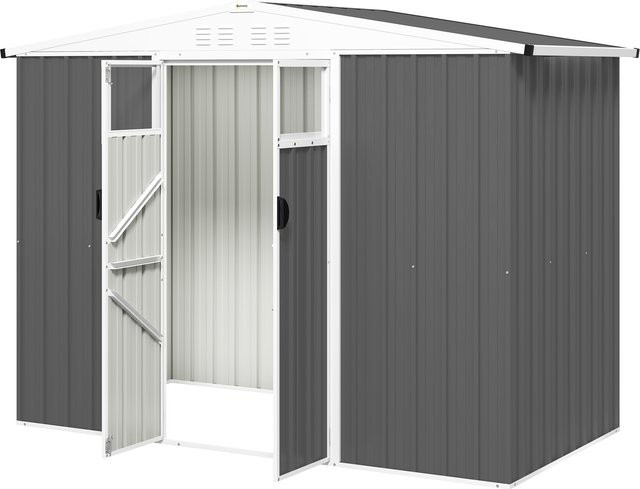 Outsunny Metall Gartenschuppen aus verzinktem Stahl in Grau mit Fenster, 4 Belüftungsschlitzen und abschließbarer Doppeltür, B/T/H: 246 x 117 x 180 cm - Bild 1