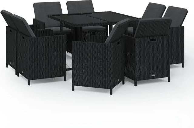vidaXL 9-tlg Garten-Essgruppe aus Poly Rattan in Schwarz mit Hartglasplatte und wetterfesten Auflagen Modell 18 - Bild 1