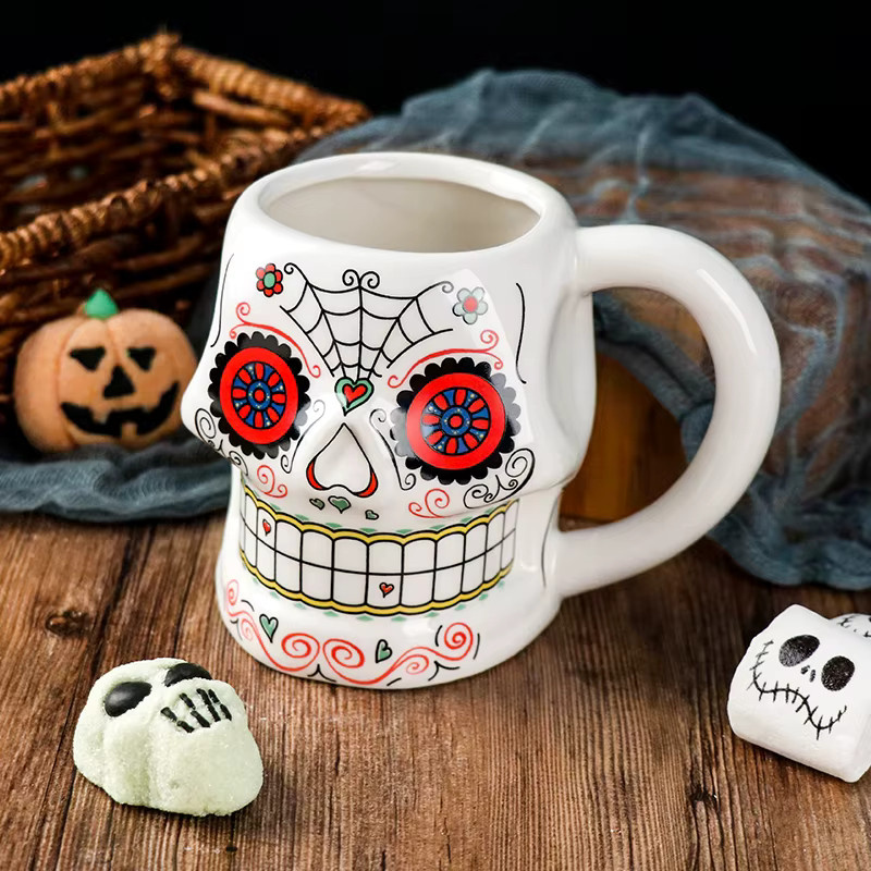 Halloween Totenkopf Kaffeetasse aus Keramik von SILVER BOX in Blau und Weiß, 355 ml - Bild 3