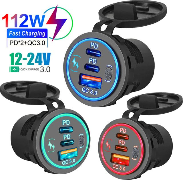 Velev Auto Ladegerät mit Doppel-USB-C-Anschlüssen PD 3.0 und QC 3.0, 78W Schnellladung, Wasserdicht mit LED-Touch-Schalter, Schwarz, 12V/24V für Motorrad-Adapter - Bild 1