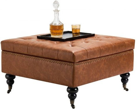 VEVOR Polsterhocker mit Stauraum aus PU-Leder in Braun, quadratischer Ottoman mit Knopfheftung und Rollen, B/T/H: 80 x 80 x 47 cm - Bild 1