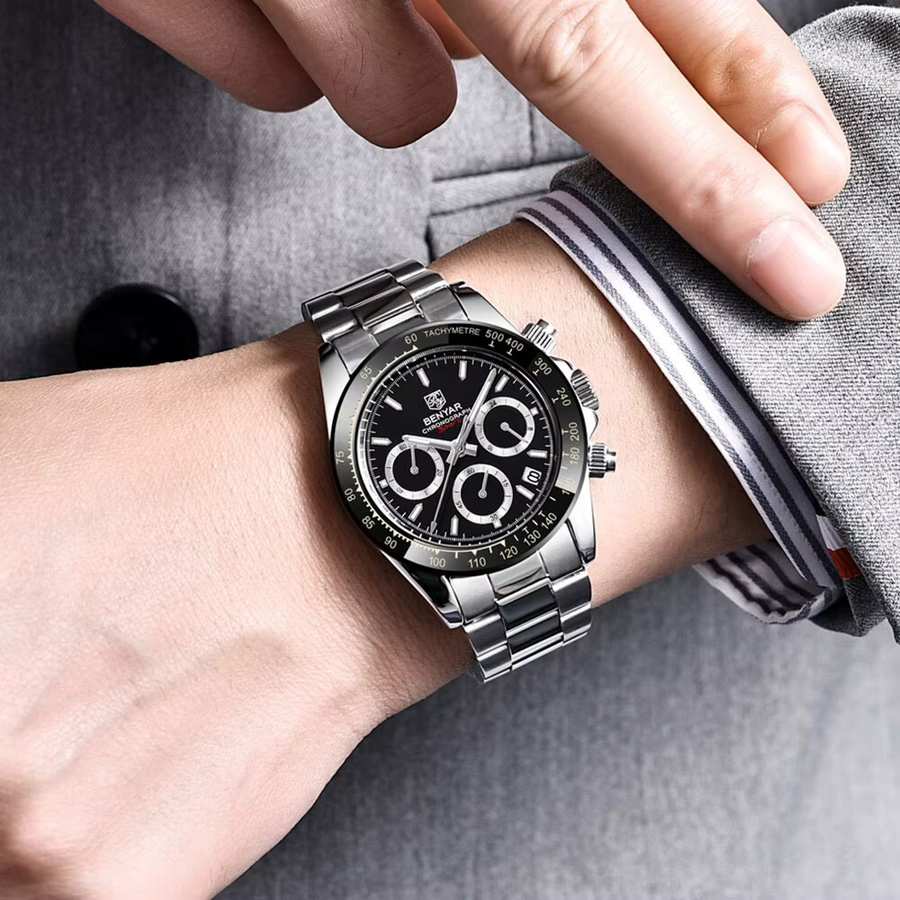 BENYAR Chronograph Armbanduhr, Quarz, Edelstahl, Schwarz, Herren - Bild 3