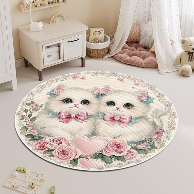 Runder Kinderteppich mit Katzenmotiv aus Crystal Velvet, Waschbar und Schmutzabweisend, Durchmesser: 100 cm, Mehrfarbig - Bild 1